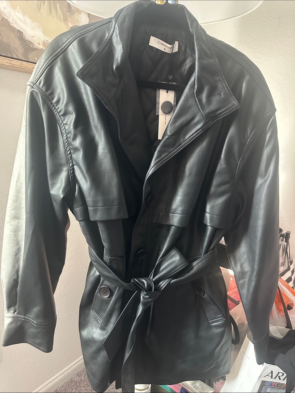 Commense Black Faux Leather Belted Trench Coat